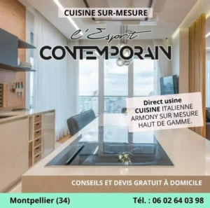 Cuisine contemporaine beige avec logo de L'Esprit Contemporain