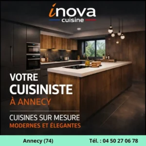 Cuisiniste Annecy 74 pas cher proposant cuisine sur-mesure moderne bois et noir à prix accessible
