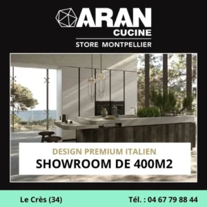 Showroom Aran Cucine à Montpellier avec cuisine design italien haut de gamme proposée par un cuisiniste proche du Crès