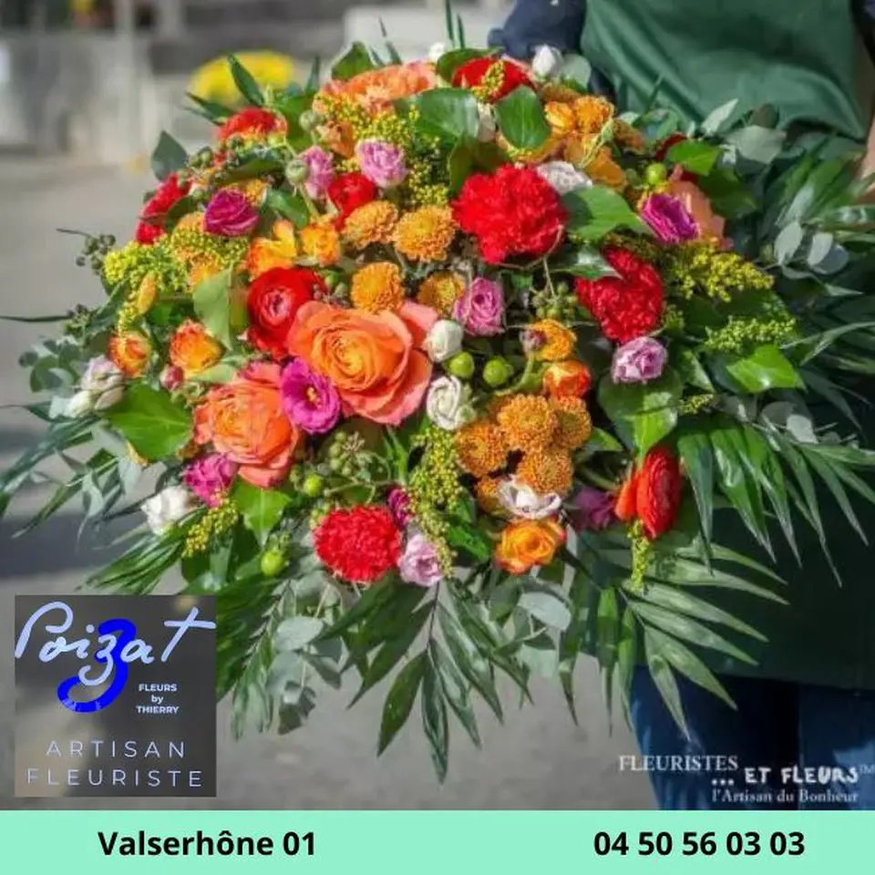 Bouquet de fleurs multicolores accompagné d'un logo