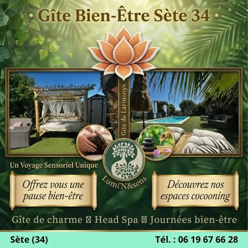 Bannière publicitaire carrée du Gîte de Larmonys et Lumi'N&Sens; présentant les prestations de Head Spa et journées bien-être près de Sète.